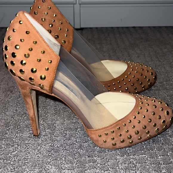 Brian Atwood nude suede studded platform heels sz 38.5 - Picture 7 of 9